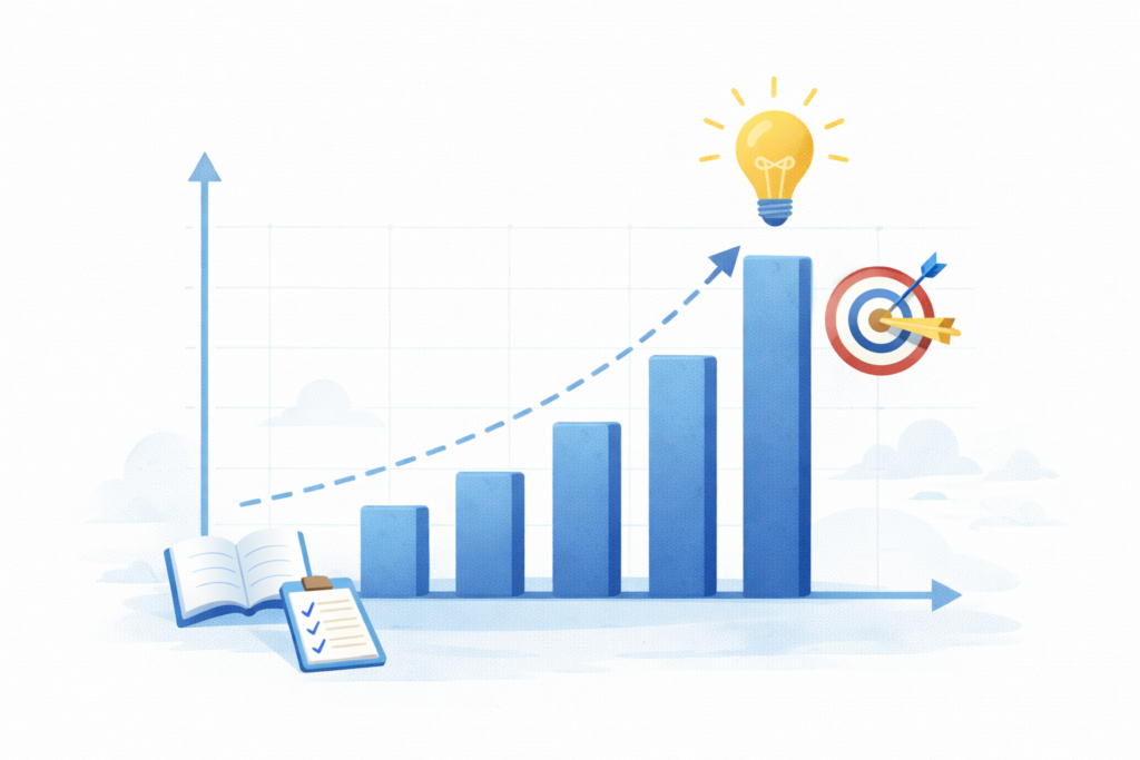 英語独学を続けることで徐々に成果が伸びていく成長イメージ