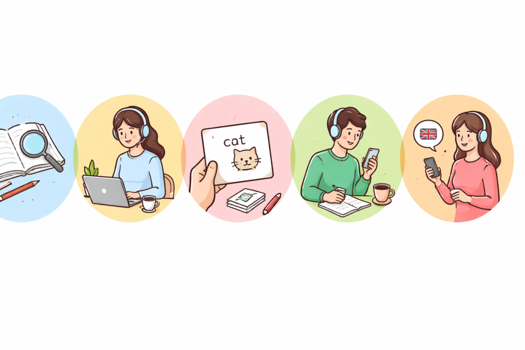 英語学習を無理なく続けるためのステップを表したイメージ